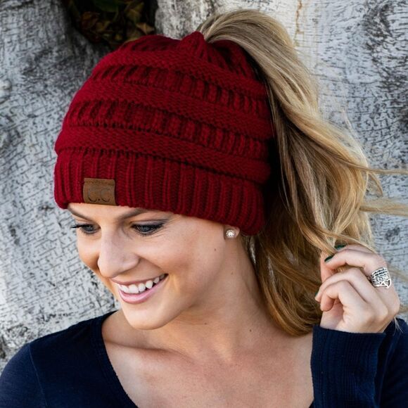 C.C Dark Crimson Red Ponytail Cable Knit Beanie Hat - Picture 1 of 8